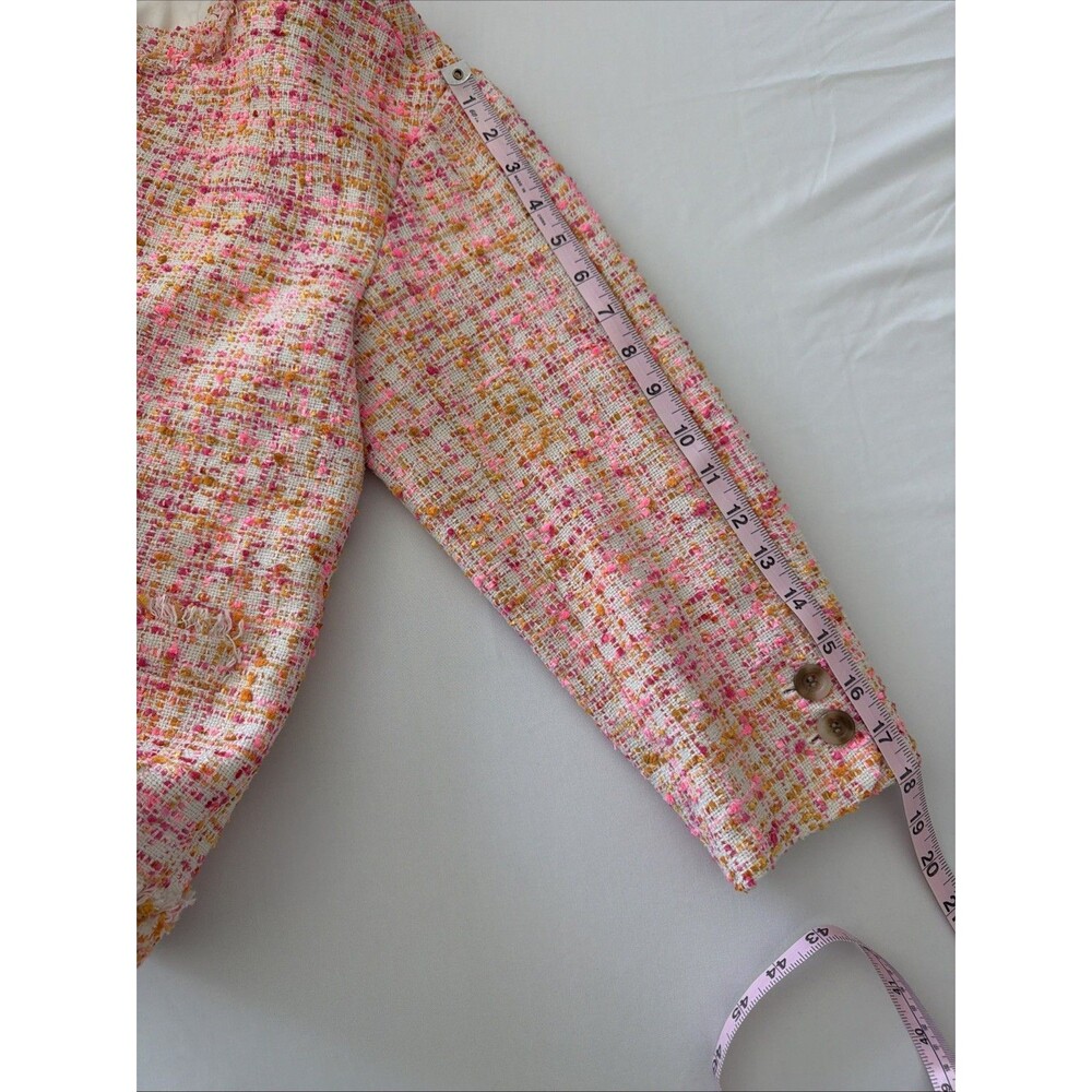 Ann Taylor Tweed Bouclé Blazer Plaid Womens Sz 4 Pink Orange Fringe Zip 3/4 NWT - Picture 8 of 9